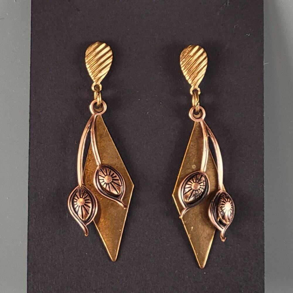 Vintage Copper Brass Leaf Dangle Pierced Earrings 2ā Geometric Design Boho